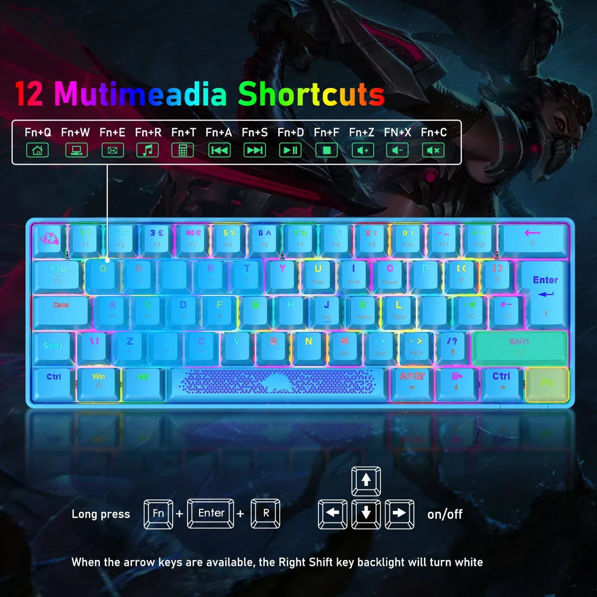 MAGIC-REFINER Tastiera Meccanica Switch Marrone 60% Compatto 62 Tasti USB C Wire RGB Retroilluminato Tastiere da gioco Ergonomica Rainbow LED Compatibile con PC, laptop, MAC - Blu/Interruttore Blu