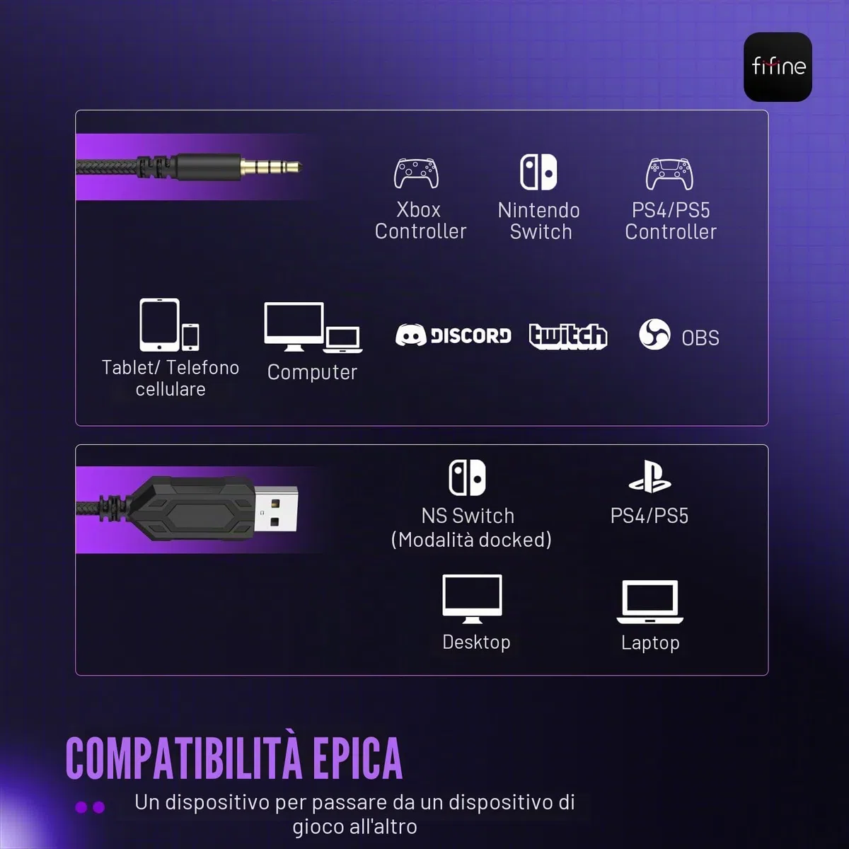 FIFINE Cuffie da gioco per PC, cuffie USB Streaming con jack da 3,5 mm, microfono staccabile, suono surround 7.1 per PS4 PS5, cuffie over-ear nere H9