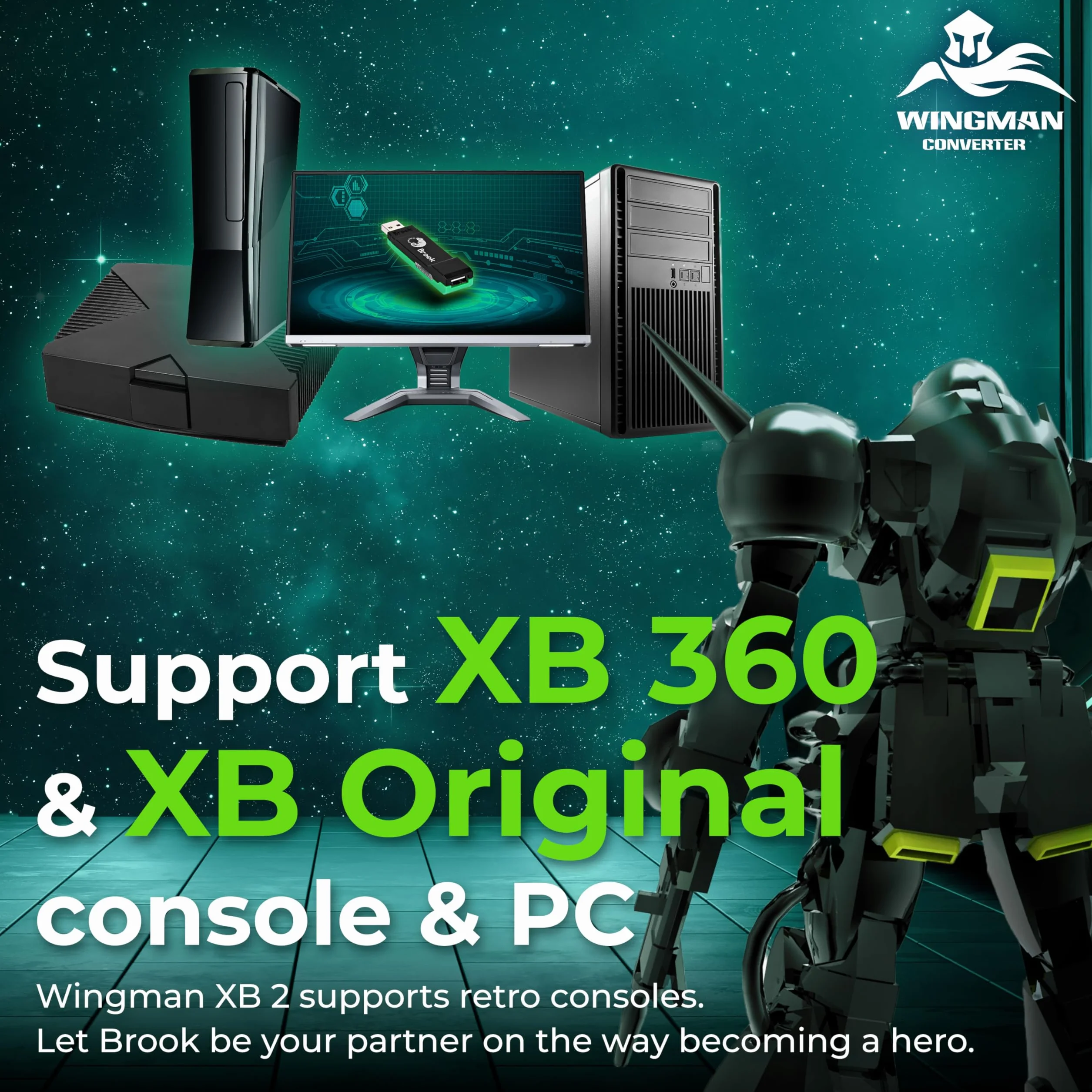 Brook Wingman XB 2 Convertitore con Portachiavi - Adattatore Controller Wireless per XB 360, XB Original Console e PC, Supporta Remap e Turbo Regolabile [Versione Esclusiva]