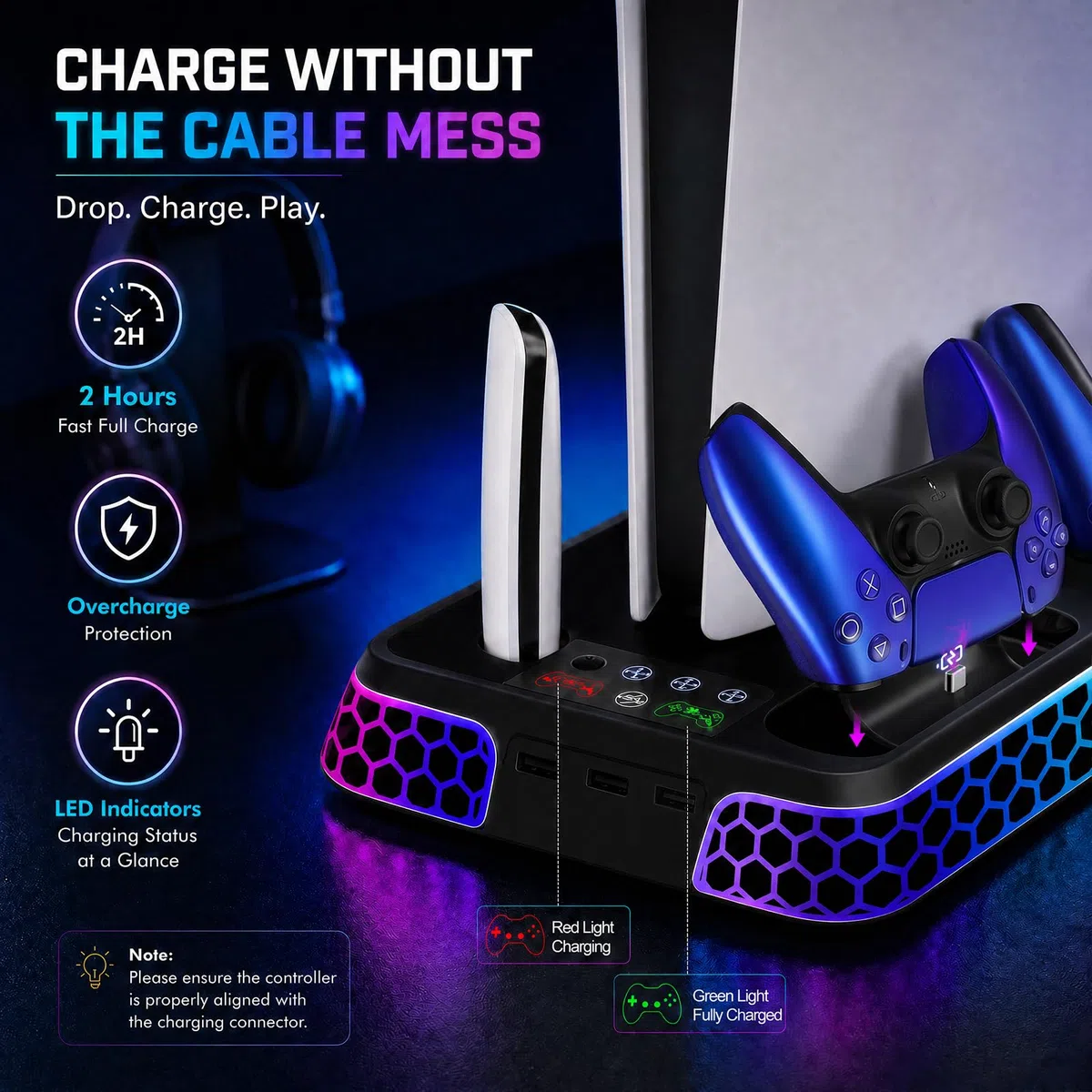 Supporto per PS5 con estetica esagonale RGB, stazione di raffreddamento PS5 per PlayStation 5 Slim Pro Disc console digitale con ventola di raffreddamento, doppio controller caricabatterie rapido hub