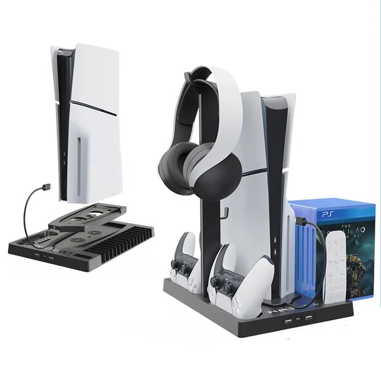 Base di raffreddamento della console per PS5/PS5 Slim, stazione di raffreddamento verticale con supporto per cuffie per il caricatore del controller e la memorizzazione del disco (Nero)