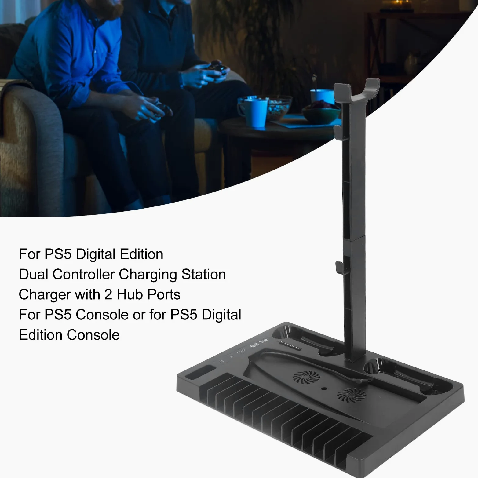 Ventola di Raffreddamento del Supporto Verticale PS5 Stazione di Ricarica Professionale a Doppio Controller con Vassoio Portaoggetti per Supporto per Cuffie
