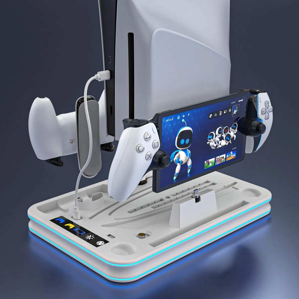 Supporto sottile e stazione di raffreddamento per PS5 con controller RGB LED stazione di ricarica per Playstation 5, controller PS5 caricabatterie per controller Dual Sense & Edge, accessori sottili