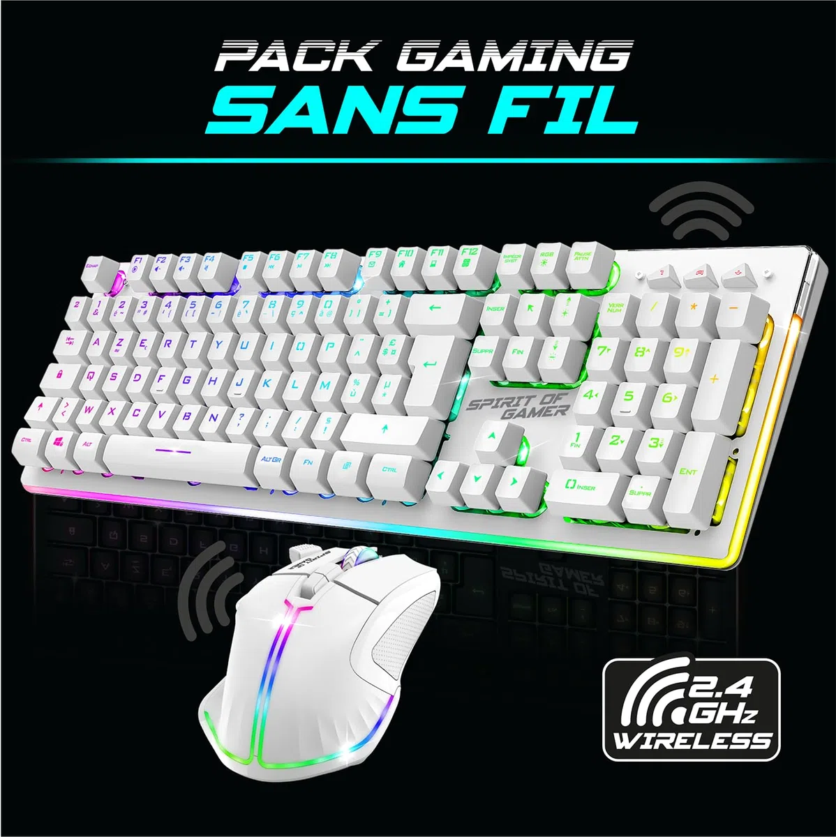 SPIRIT OF GAMER x MK600 | Pack Tastiera Mouse Wireless Bianco Ricaricabile RGB | Layout AZERTY Italiano Retroilluminato | Gaming Keyboard Semi Mecanica | Wireless Mouse 4800 DPI | PC