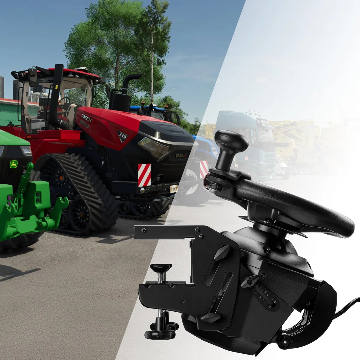 Thrustmaster T128 SimTask Farming Pack - Bundle Volante Farming - PS5 e PC | Plug & Play in Farming Simulator 25, Volante Force Feedback T128, FarmStick a 3 assi, supporto volante, pedaliera T2PM