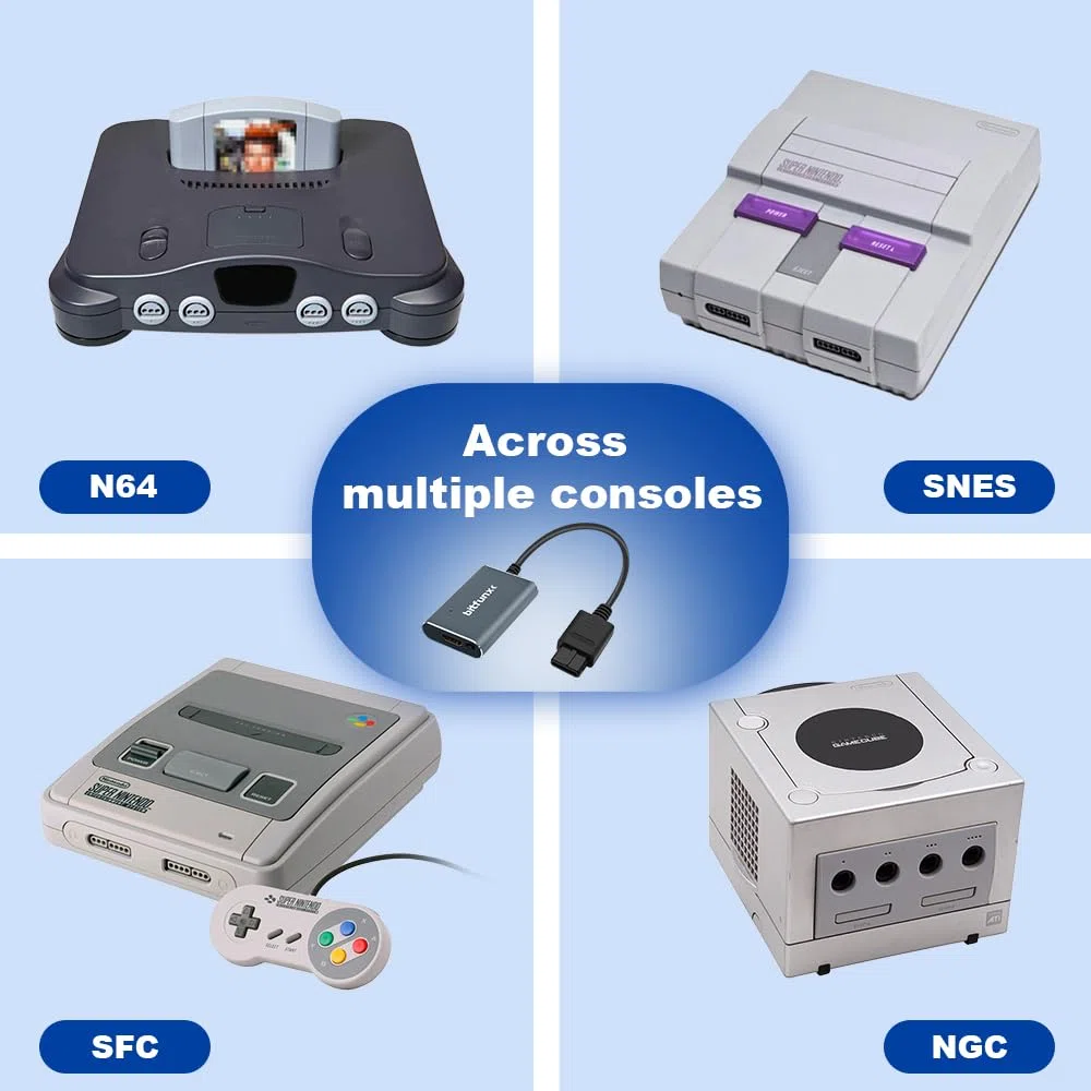 BITFUNX Adattatore HDMI N64/NGC/SFC/SNES - Supporta Auto SV e AV e switch 16:9/4:3, adattatore plug & play per videogiochi senza ritardi, adattatore HDMI per console N64/NGC/SFC/SNES