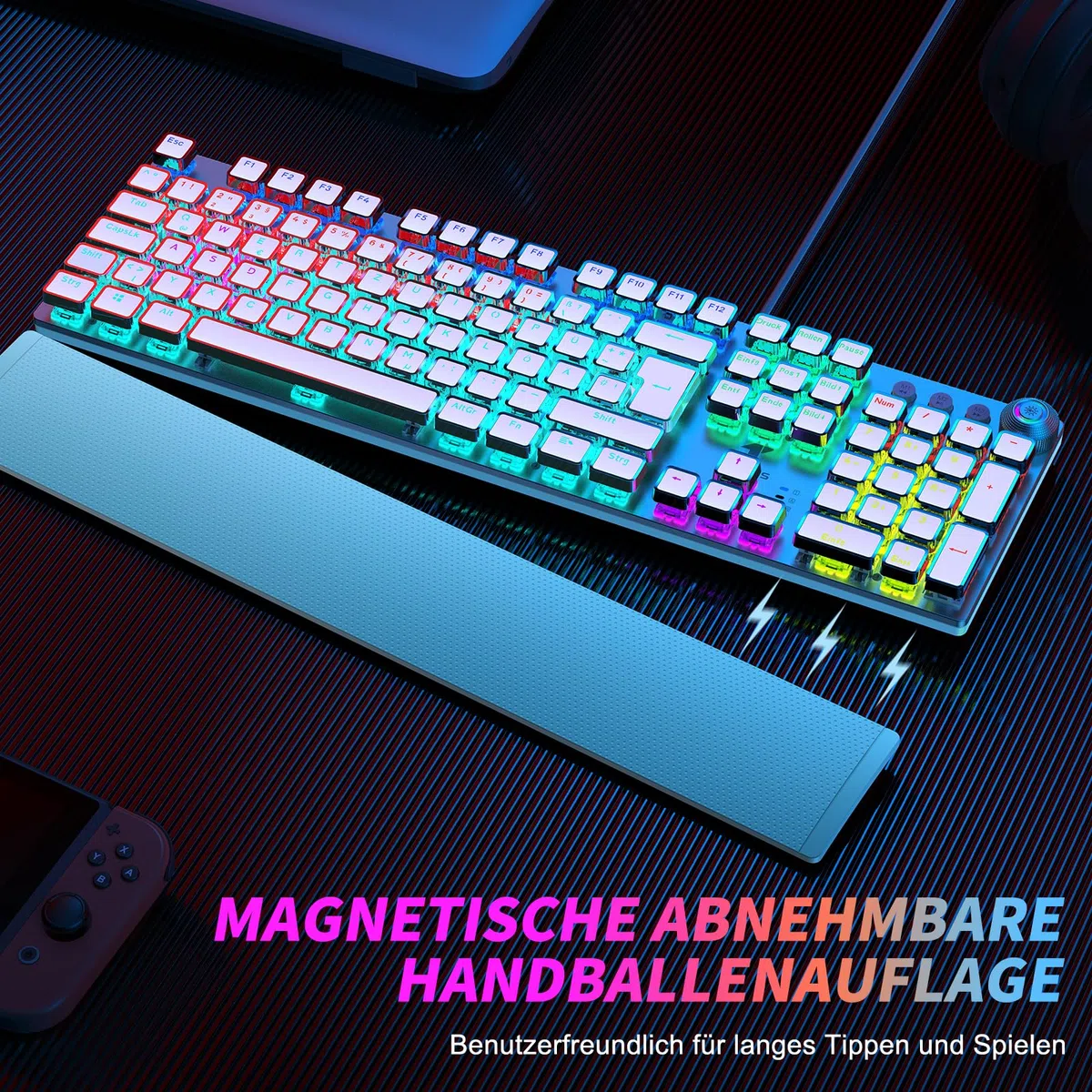 TECURS Tastiera meccanica da gioco, programmabile, con poggiapolsi magnetico, interruttore rosso, 19 modalità LED, tasti multimediali, PC con cavo, layout QWERTZ DE, bianco