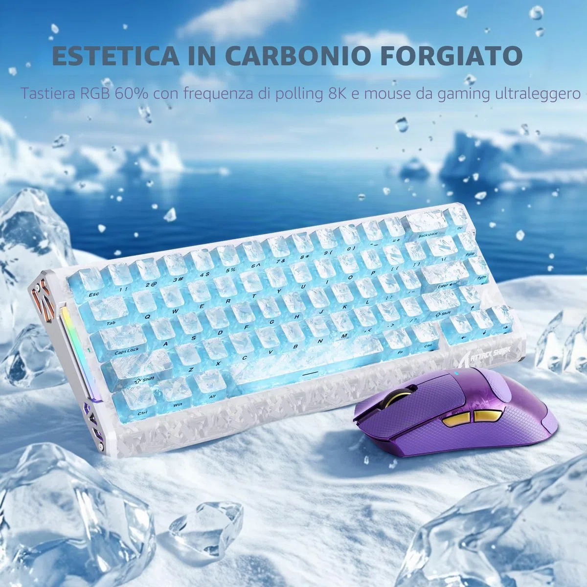 ATTACK SHARK 8000 Hz - Scatto rapido in fibra di carbonio, tastiera da gioco magnetica cablata, hot-swap, 42 K DPI PAW3950 MAX TRI, mouse wireless da 8 K, illuminazione RGB, cavo a spirale USB C
