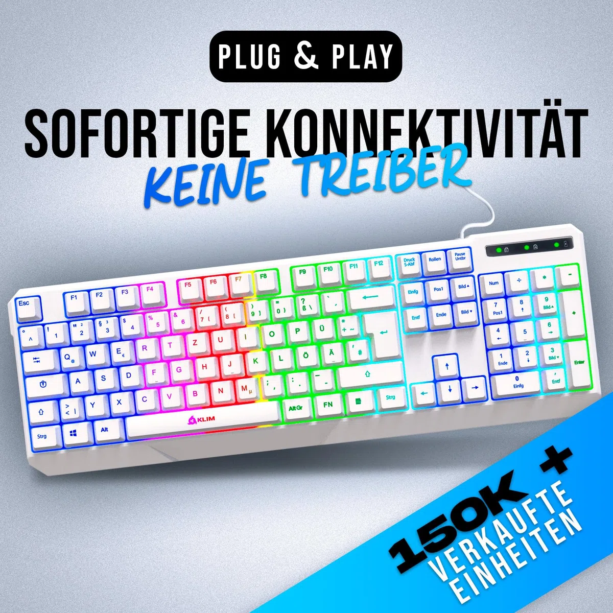 KLIM Chroma De Tastiera Qwertz Tedesco per Gaming USB | Colori da Videogioco e Retroilluminata, PC Console Windows - Bianca