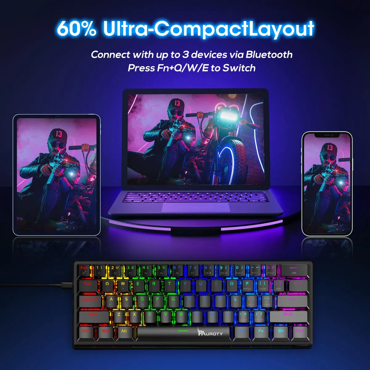 Pauroty 60% tastiera meccanica senza fili, modalità tripla 2.4G/USB-C/Bluetooth per i giochi, retroilluminazione RGB, interruttore blu Clicky, mini tastiera wireless ricaricabile a 61 tasti per iPad