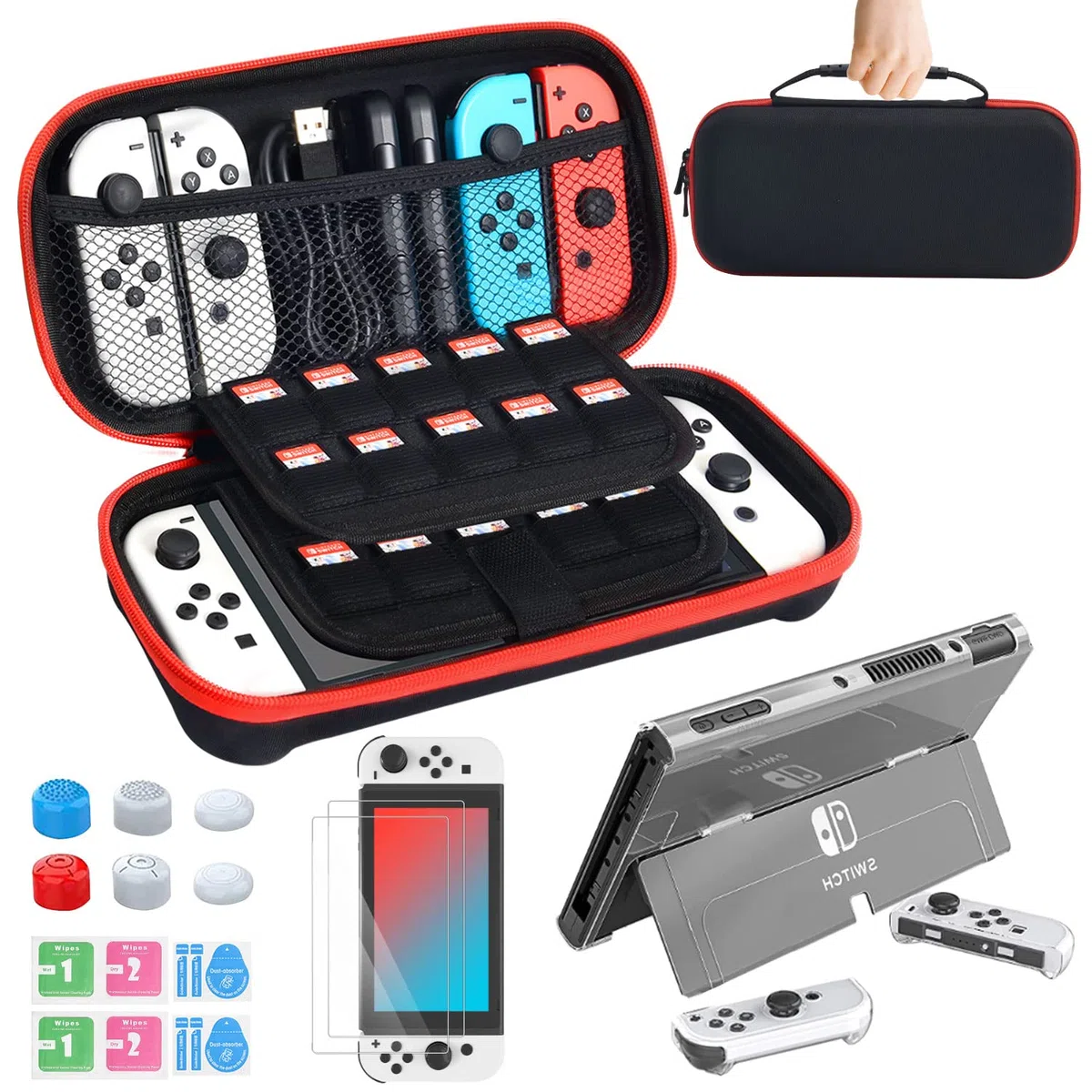 Custodia per Nintendo Switch OLED modello 2021, set di accessori con copertura trasparente, pellicola proteggi schermo, tappi per il pollice e altro ancora, adatta per viaggi e conservazione