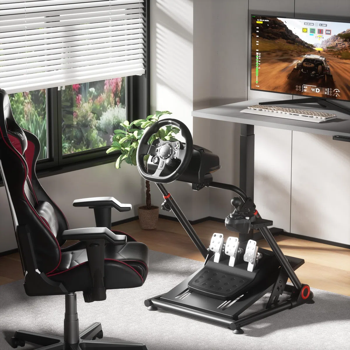 Wiltec Supporto per volante e pedaliera, 68 x 82 x 83 cm, postazione volante richiudibile per sim racing, fissaggi per volante, leva del cambio e pedali
