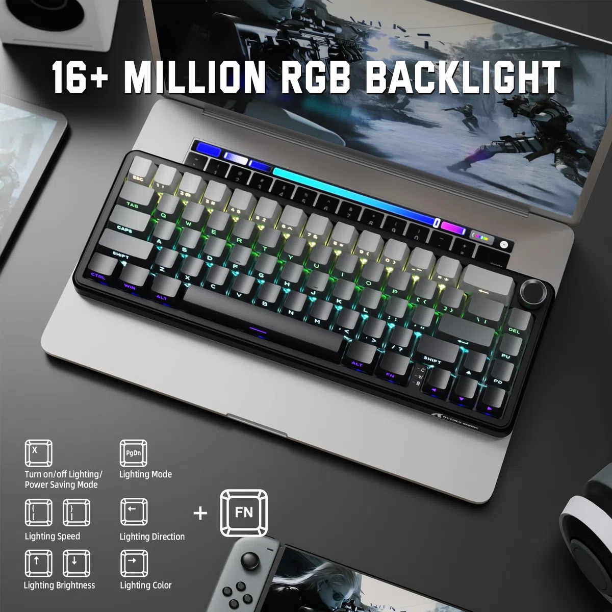 MAMBASNAKE X ATTACK SHARK X66 65% Tastiera Meccanica Wireless Con Manopola, Tastiera Hot Swap RGB Gaming Keyboard 60 Percento, BT/2.4G/USB-C,Linear Switch,Tasti PBT Stampati Lateralmente-Moonlit Night