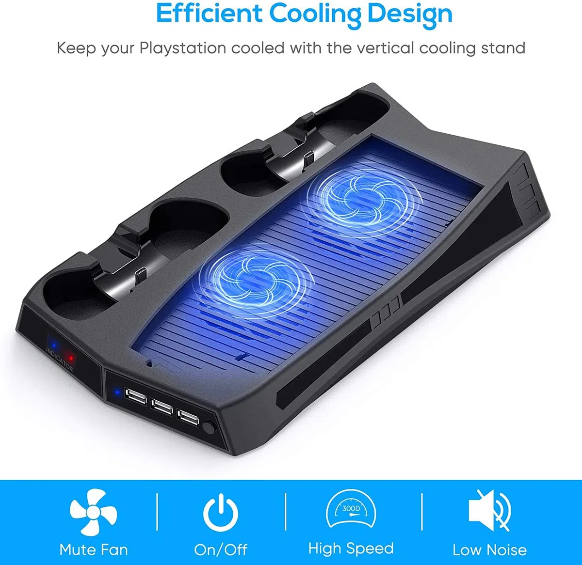 Supporto verticale con ventola di raffreddamento per console PS5 e Playstation 5 Edizione digitale, stazione di ricarica doppio controller con 3 porte USB per DualSense 5