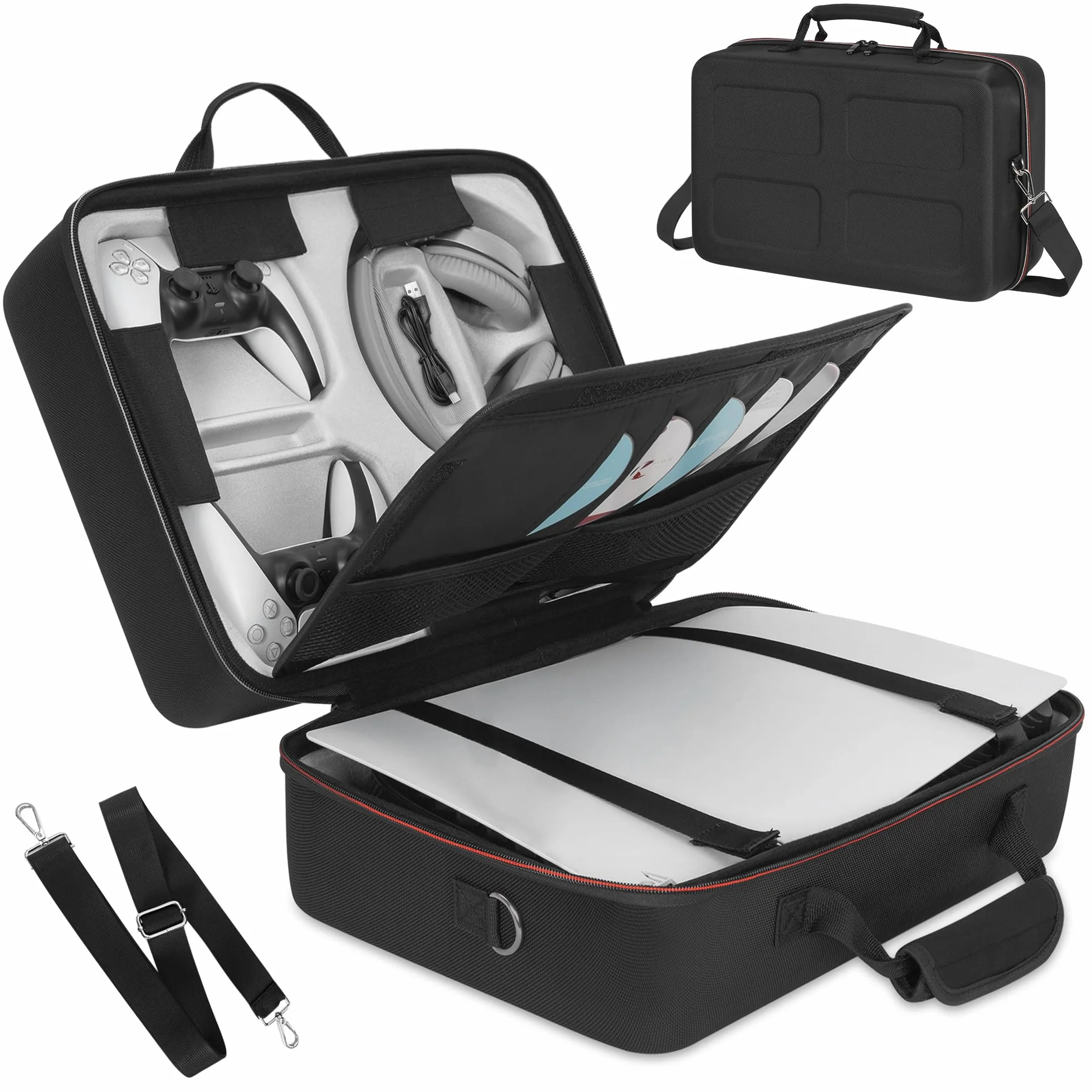 OUUTMEE Custodia da trasporto Applicabile a Play station 5, compatibile con PS5/PS Slim/PS5 Pro, borsa protettiva con tracolla per console Disc/Digital Edition, schede di gioco, HDMI