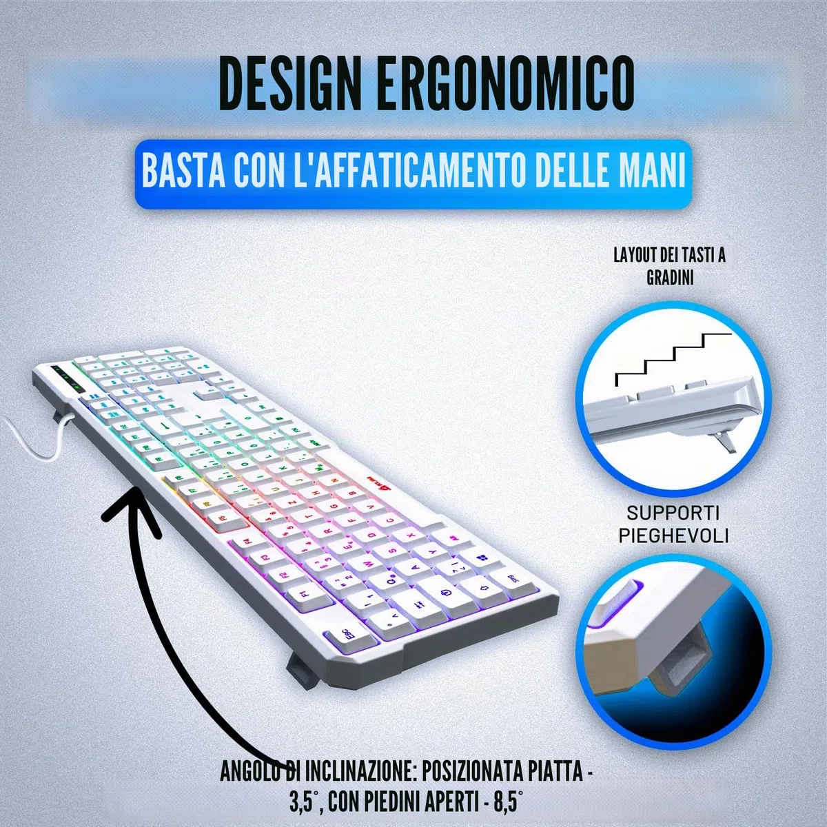 KLIM Chroma De Tastiera Qwertz Tedesco per Gaming USB | Colori da Videogioco e Retroilluminata, PC Console Windows - Bianca