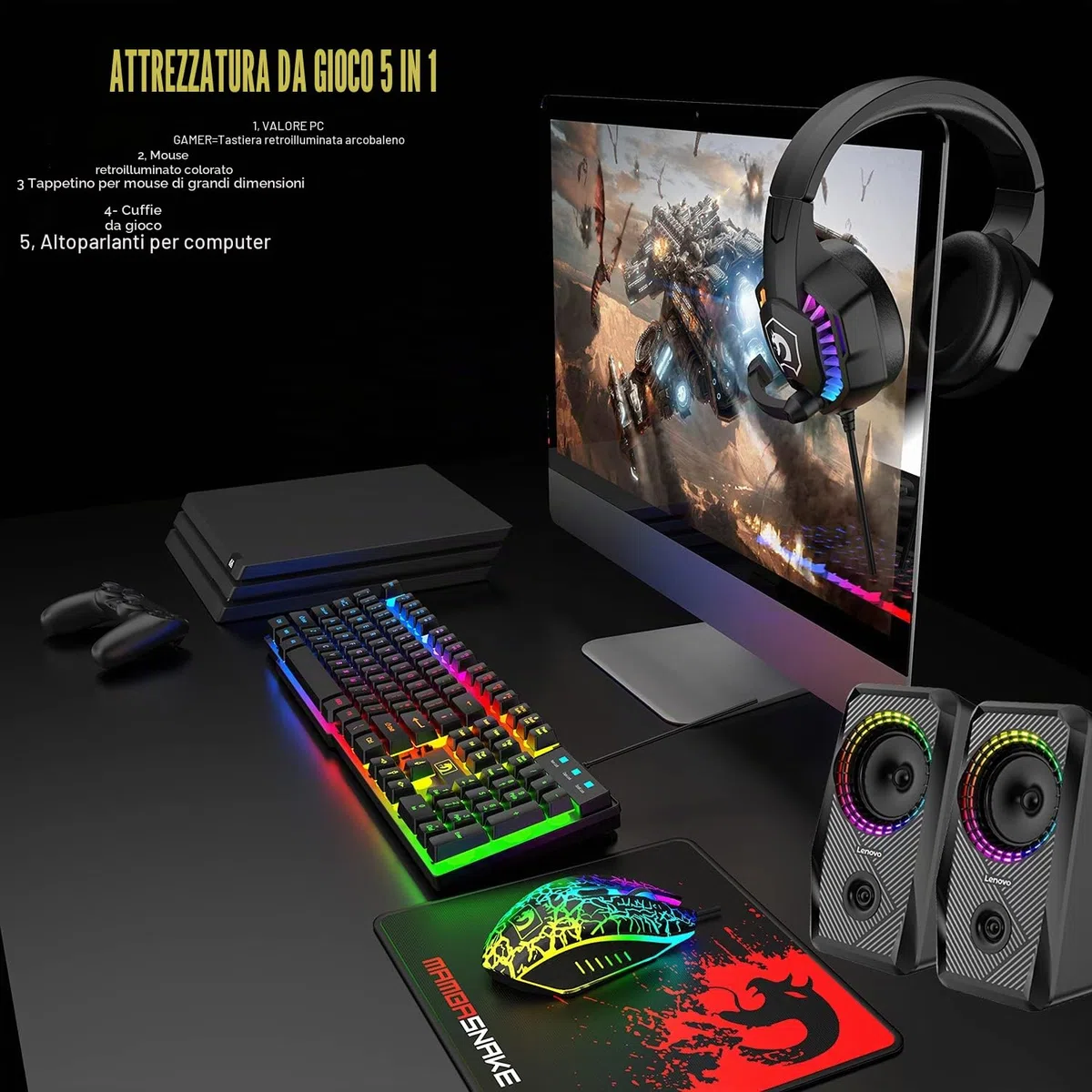Regno Unito Layout Wired 104 Tasti da gioco Keyboard Tastiera per il mouse Altoparlante per cuffie 5 in 1 Combo con retroilluminazione multi RGB 2400DPI MICE Large Mousepad per PC Mac PS4 Xbox