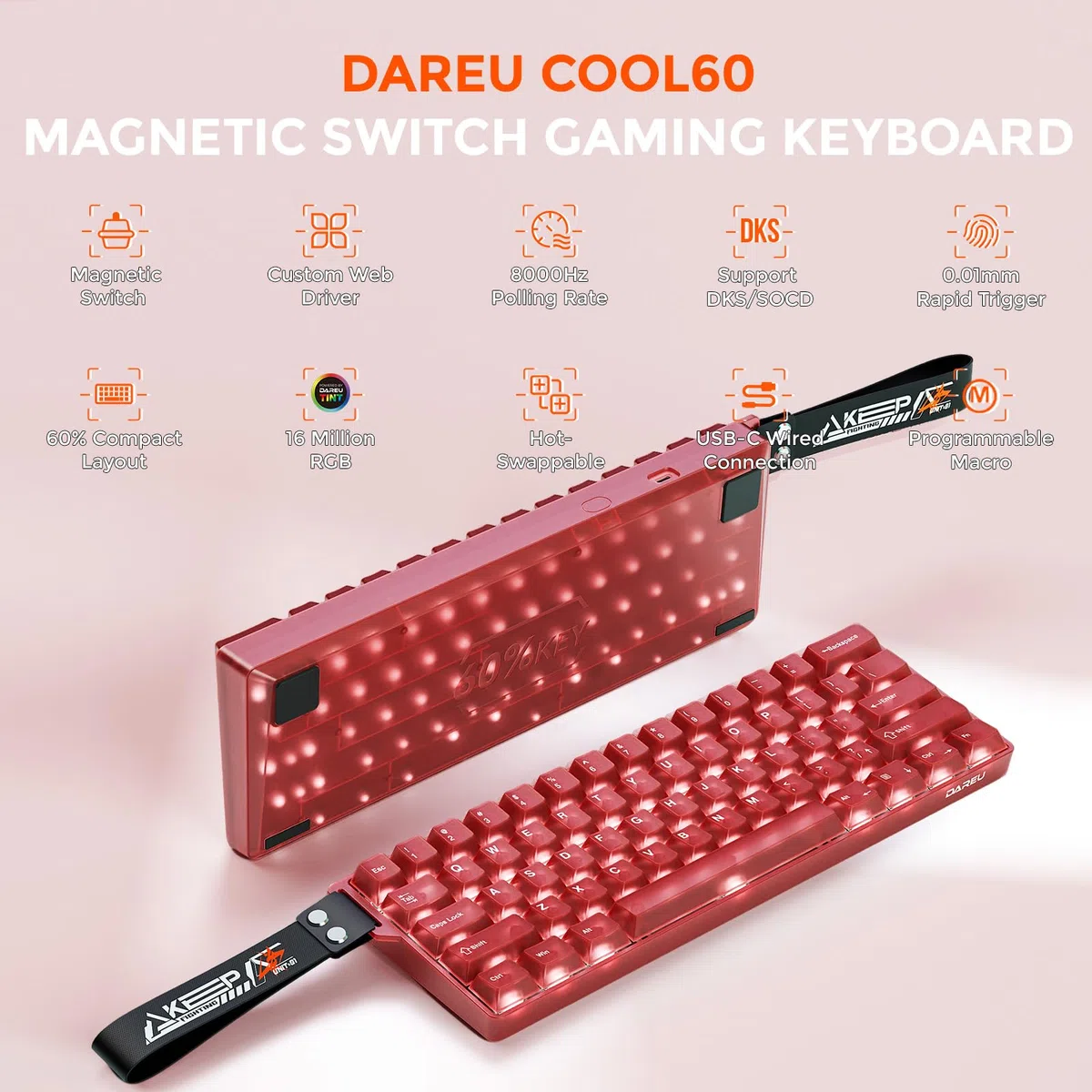 DAREU COOL60 tastiera gaming magnetica 8K Hz Rapid Trigger, tastiera cablata al 60% con tasti trasparenti, 15 modalità RGB, precisione RT di 0,01 mm, azionamento regolabile, per PC/Mac (rossa)