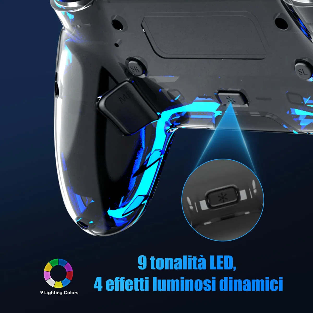 BETMI Controller Wireless per PS5 Pro/Slim, compatibile MAC/Steam Deck/PC, joystick Effetto Hall, doppia vibrazione/Macro/Turbo, jack 3,5mm, 6 assi, gamepad LED con altoparlante (Transparent Black)