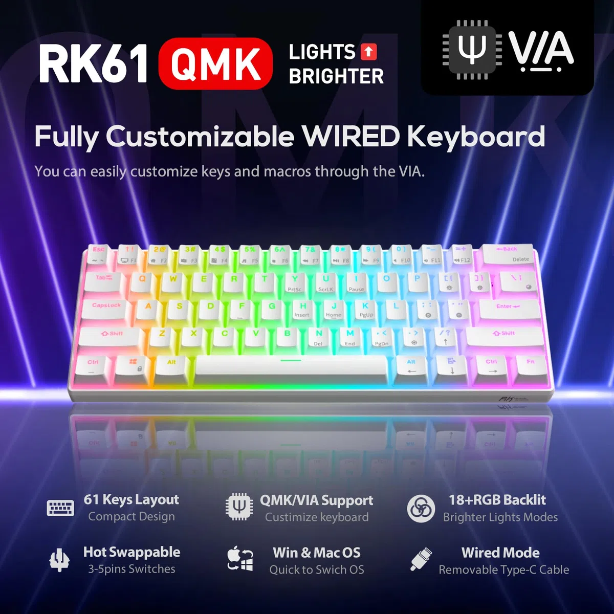 RK ROYAL KLUDGE RK61 QMK/VIA Tastiera Meccanica Al 60%, Tastiera Da Gioco Cablata Programmabile A 61 Tasti Retroilluminazione RGB Layout USA Sostituibile A Caldo (Interruttore Rosso, Bianco)