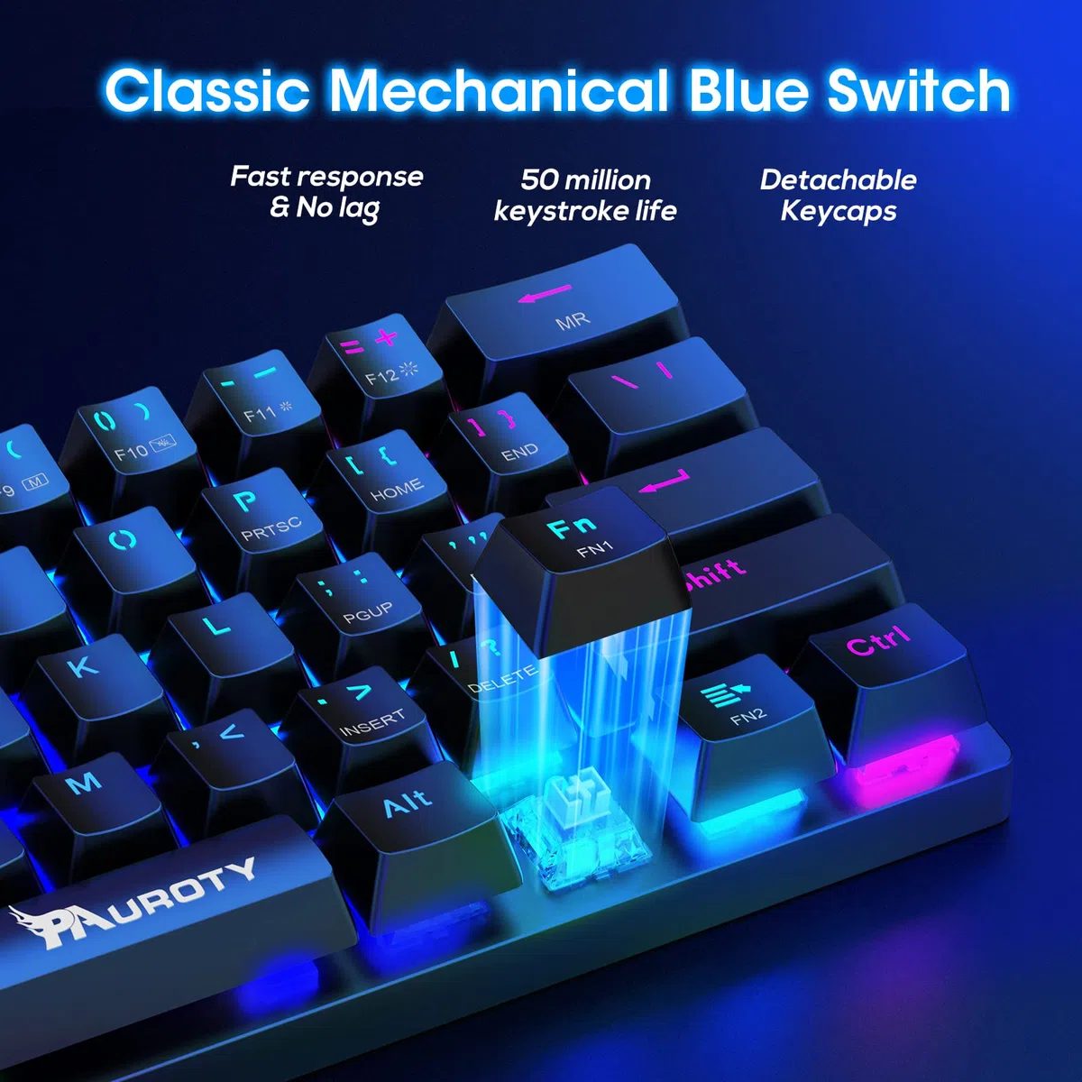 Pauroty 60% tastiera meccanica senza fili, modalità tripla 2.4G/USB-C/Bluetooth per i giochi, retroilluminazione RGB, interruttore blu Clicky, mini tastiera wireless ricaricabile a 61 tasti per iPad