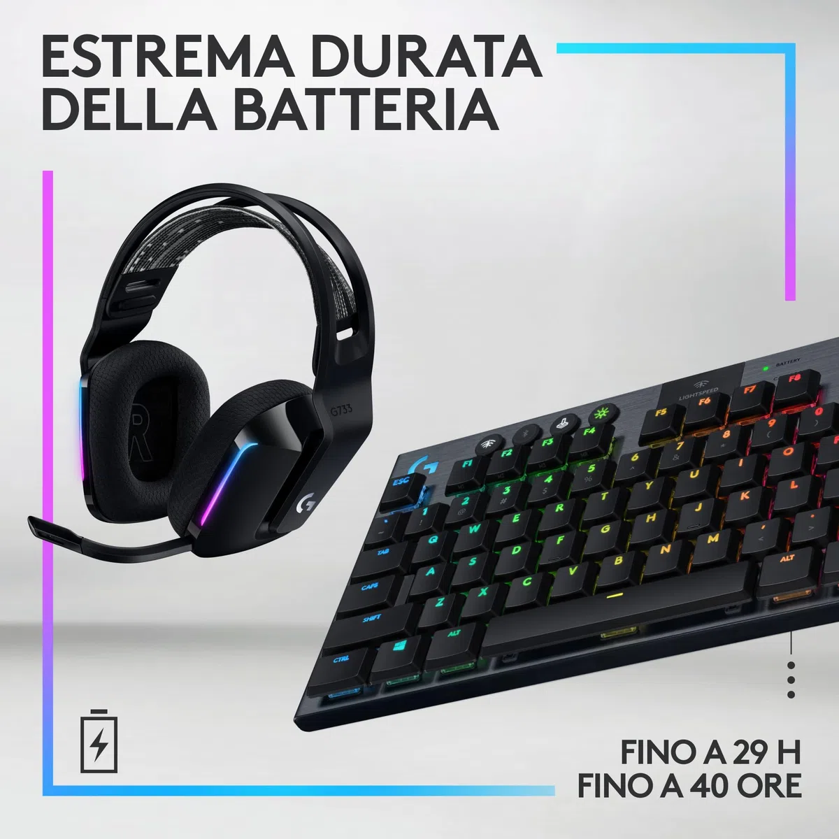 Logitech G733 Lightspeed, cuffia con microfono gaming wireless con Blue Vo!ce e G915 TKL Lightspeed, tastiera gaming meccanica wireless RGB senza tastierino numerico per PC/Mac - Nero