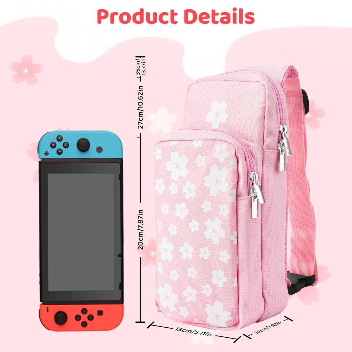RHOTALL Borsa a tracolla compatibile con Nintendo Switch/OLED/Lite, zaino da viaggio ad alta capacità per switch accessori con custodia per carte di gioco e 2 tappi per pollice, Sakura