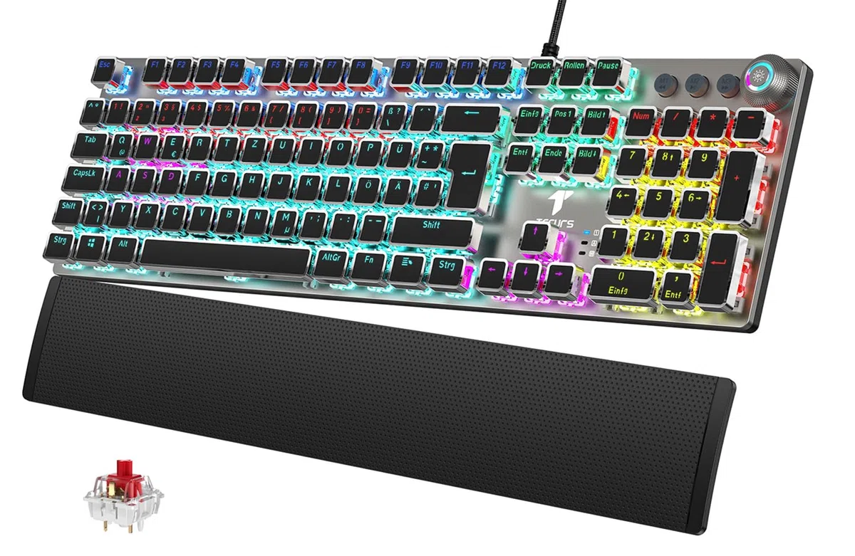TECURS Tastiera meccanica da gioco con poggiapolsi magnetico e interruttori rossi, tastiera illuminata QWERTZ cablata, 105 tasti con anti-ghosting e manopola multimediale per PC/PS5/PS4