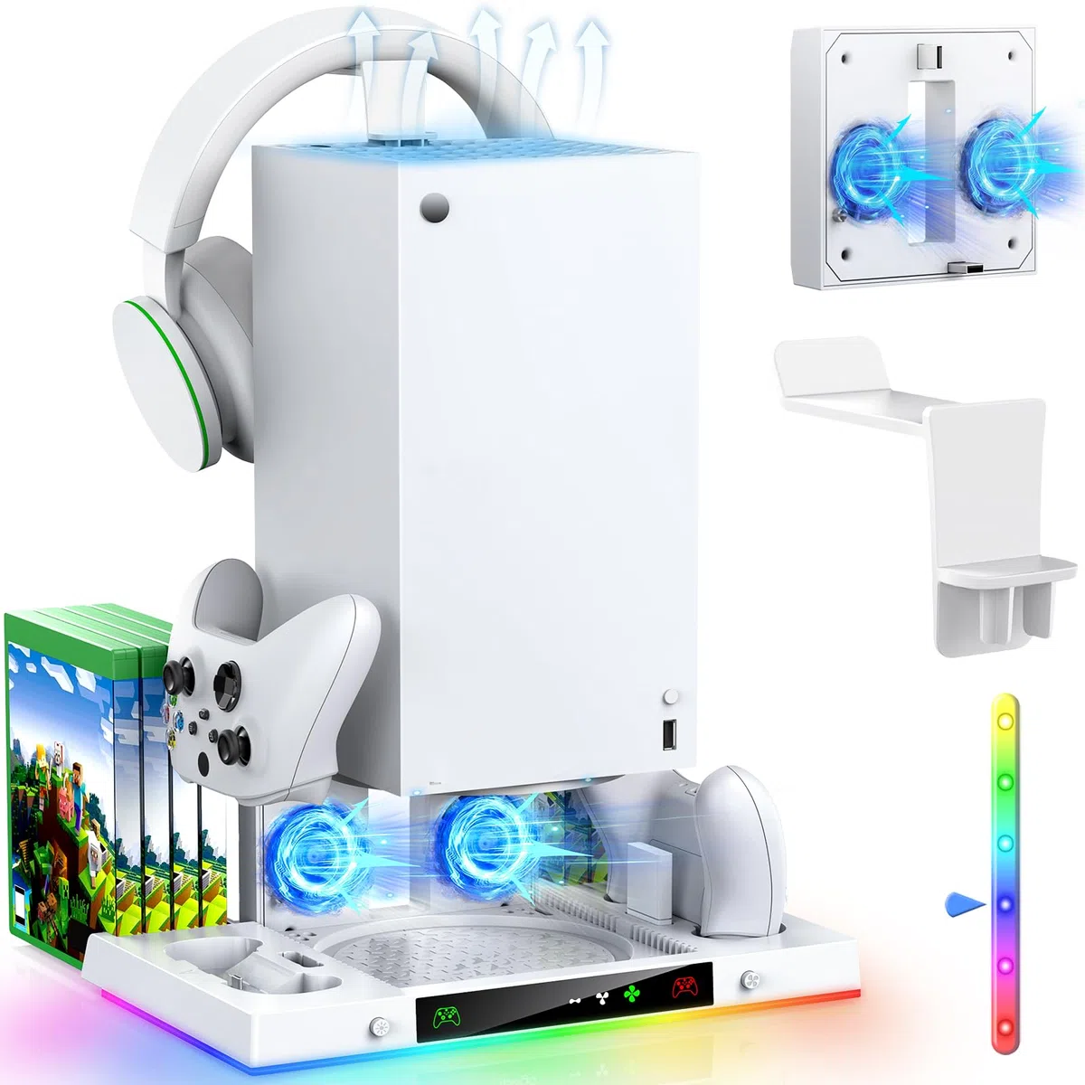 MENEEA Stazione di ricarica per ventola di raffreddamento migliorata per console e driver Xbox Series X, doppia stazione di ricarica e supporto del sistema di raffreddamento con 15 luci colorate per