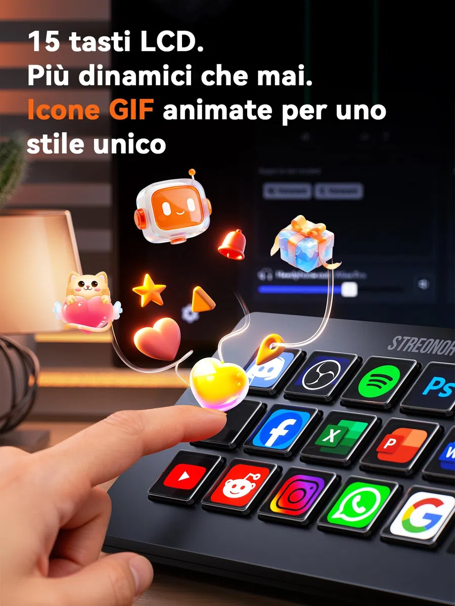 STREONOR Stream Control Deck Standard S15 con 15 tasti e display info | Stream Controller per OBS, Twitch, Discord, ecc., ideale per streaming, editing video e gaming, Mac/Windows-Nero