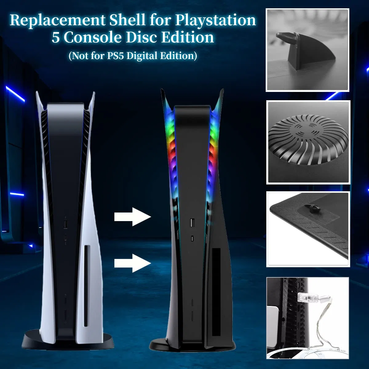 Piastre frontali per console PS5 con striscia luminosa LED RGB, guscio di ricambio per disco PS5 con prese d'aria, 3 modalità di controllo, 8 colori, oltre 400 effetti luci, sincronizzazione musica,