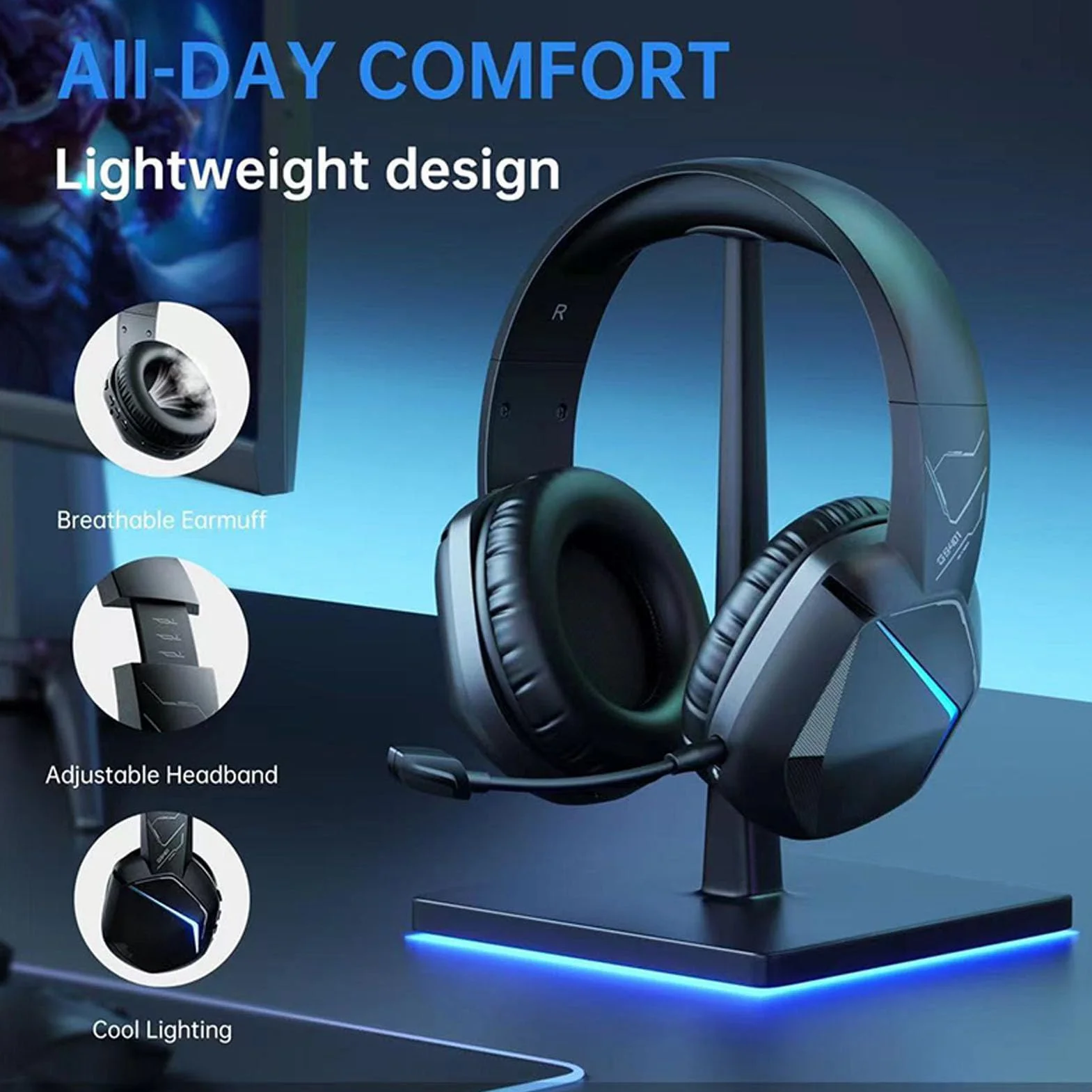 Septpenta Cuffie da Gioco Wireless da 2, 4 GHz, Illuminazione RGB, Cancellazione del Rumore a Bassa Latenza, Cuscinetti Auricolari Morbidi e Delicati sulla Pelle, Microfono Staccabile