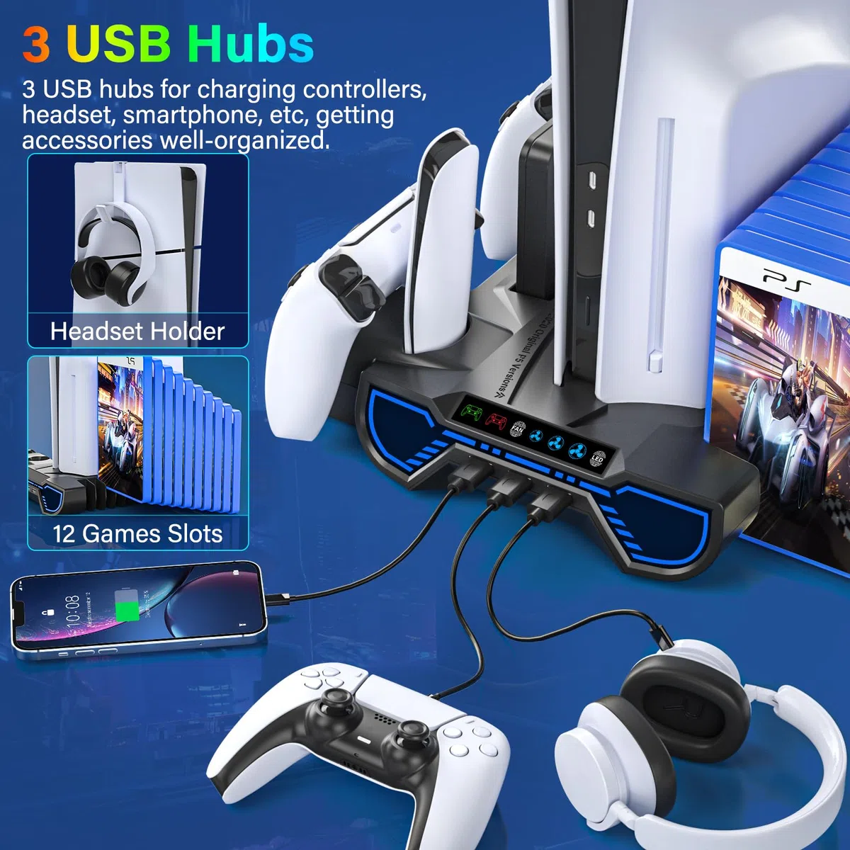 Stazione di raffreddamento PS5/Slim/Pro con stazione di ricarica controller per console Playstation 5 - Supporto RGB PS5 con caricabatterie controller, kit di accessori per supporto di
