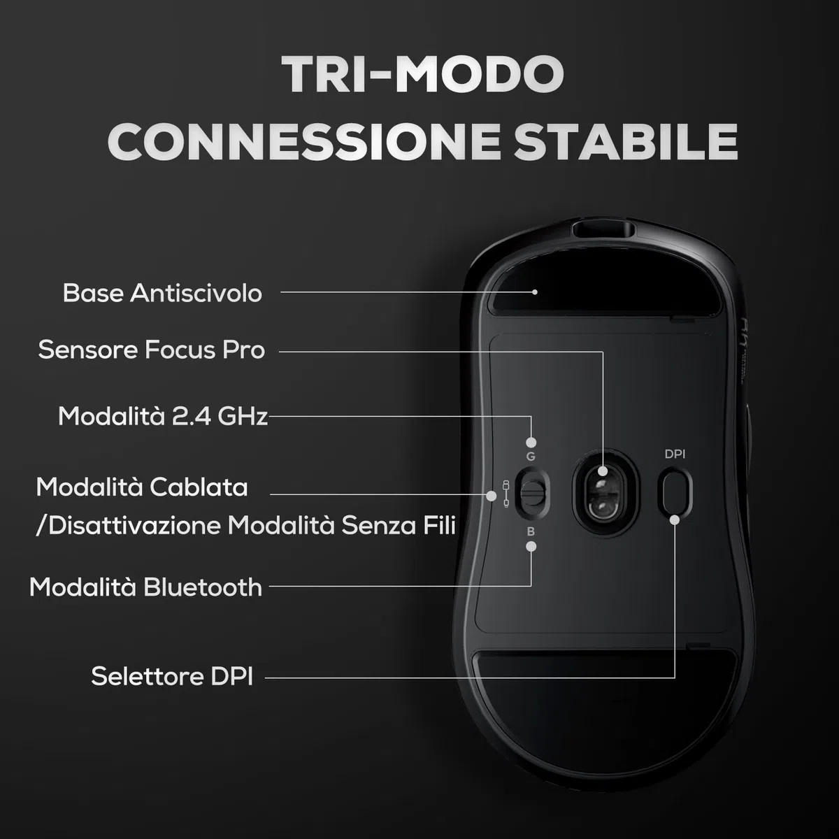 RK ROYAL KLUDGE M3 Mouse Gaming Wireless Ultraleggero 47g, Sensore PAW3950 42000 DPI, Mouse Wireless 8K BT/2.4G/USB, 5 Pulsanti Programmabili, Design Ergonomico, Batteria 650mAh per PC/Console, Nero