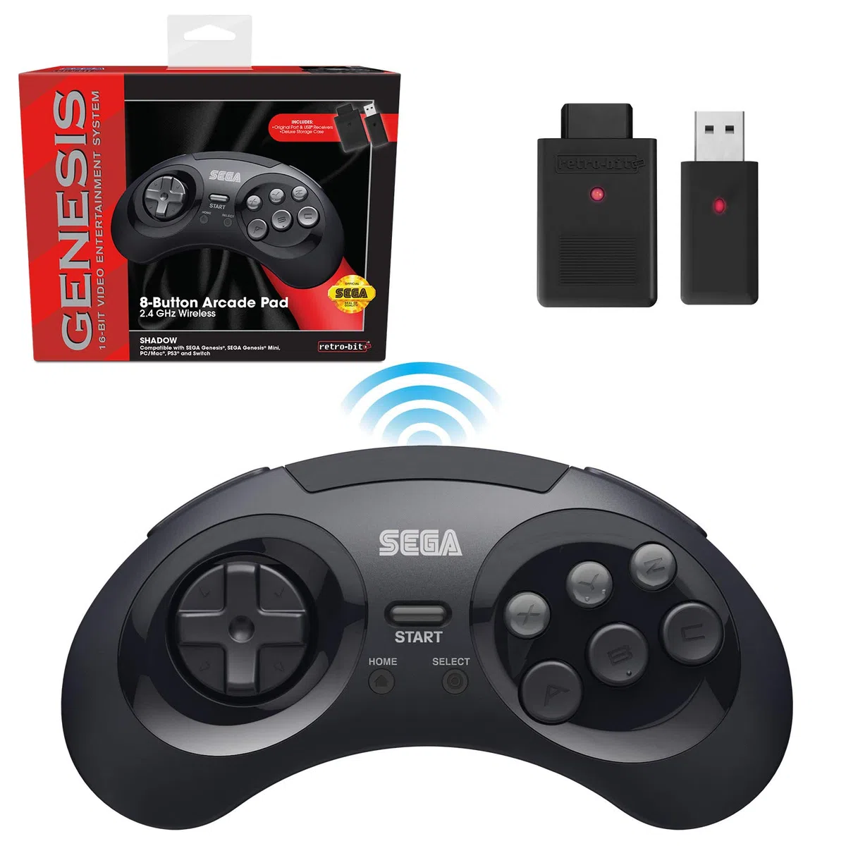 Retro-Bit Sega Genesis - Controller wireless da 2,4 GHz, 8 pulsanti, per Sega Genesis Original/Mini, Nintendo Switch, PC, Mac, colore: nero