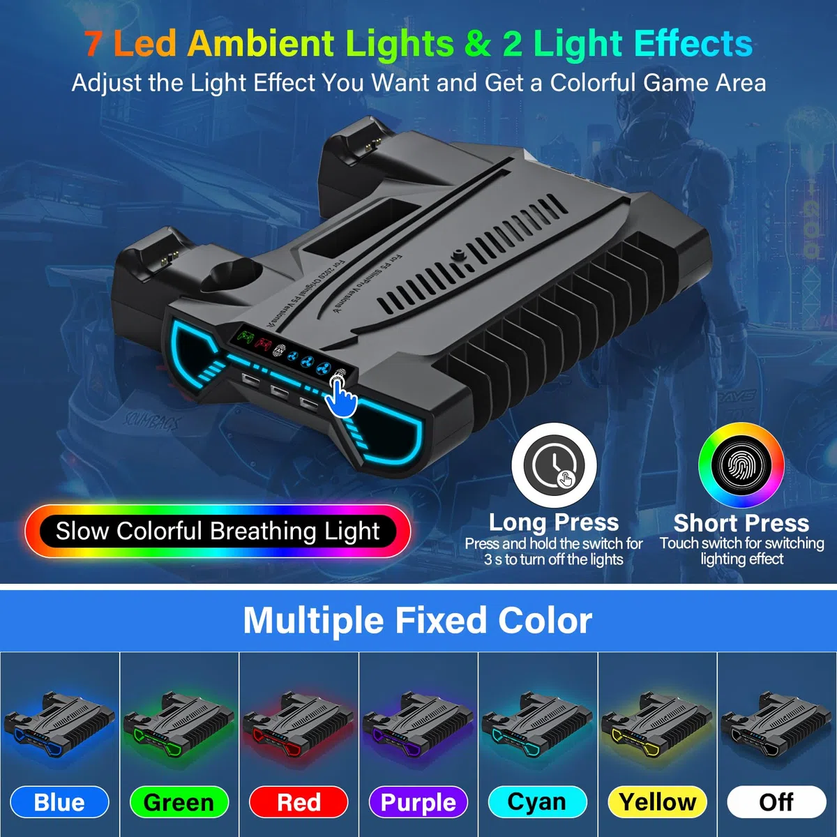Stazione di raffreddamento PS5/Slim/Pro con stazione di ricarica controller per console Playstation 5 - Supporto RGB PS5 con caricabatterie controller, kit di accessori per supporto di