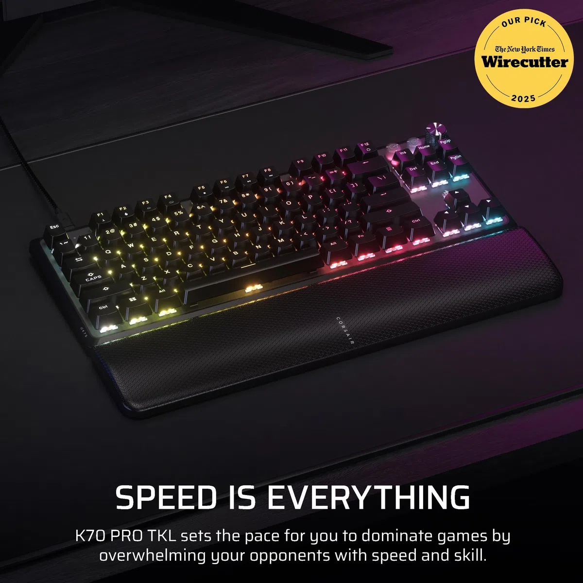 CORSAIR K70 PRO TKL RGB Tastiera da gioco magnetica e meccanica cablata – Switch CORSAIR MGX Hyperdrive pre-lubrificati, trigger rapido ad effetto Hall, 8000 Hz Hyper-Polling, QWERTY NA, nero