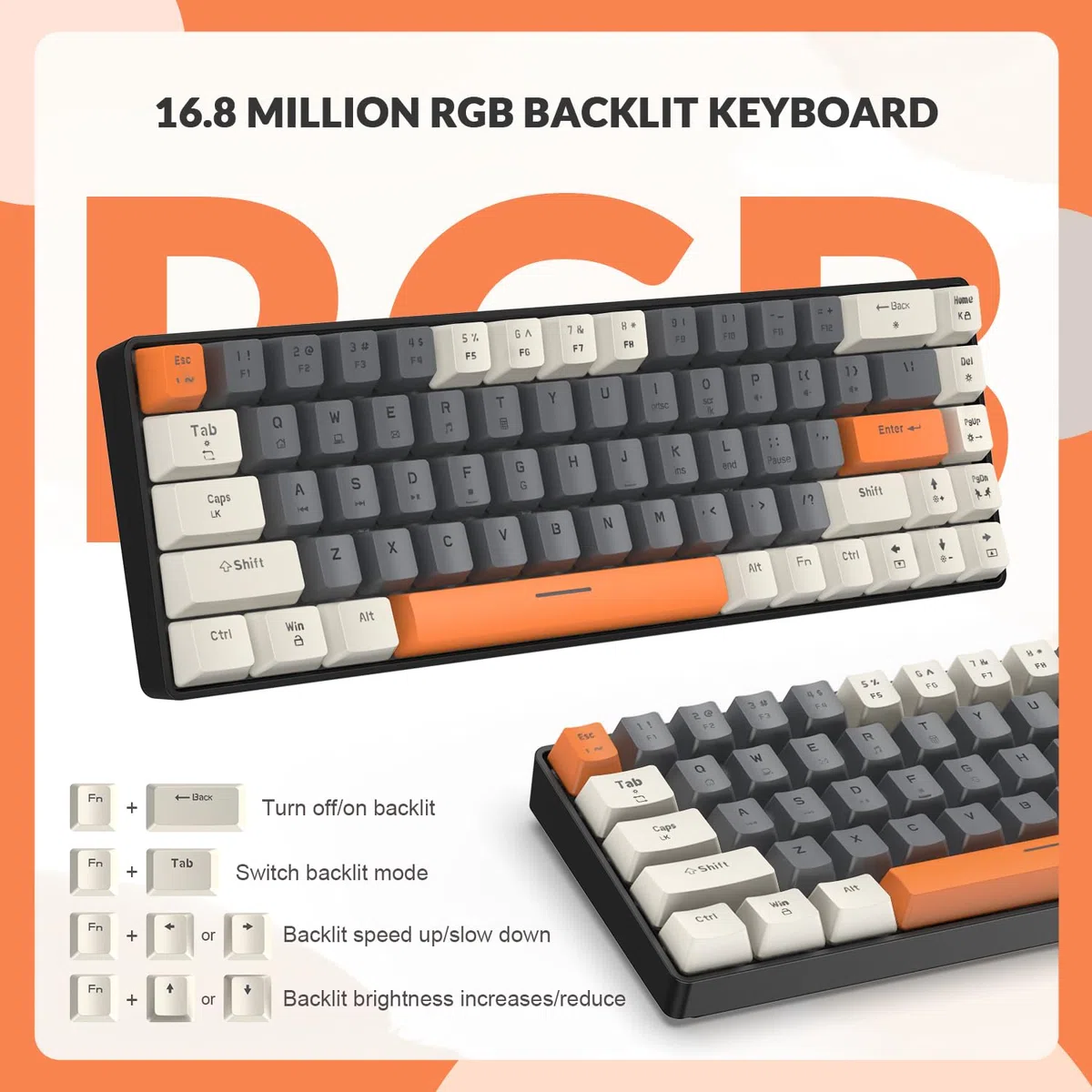 Yindiao ZIYOULANG T8 60% Tastiera da Gioco Meccanica, Layout Compatto TKL 68 Tasti, Retroilluminata a 18 RGB, Interruttori Marroni, Anti-ghosting, Cavo USB-C Spirale Pro, per PC, Mac, PS4-Milk Shake