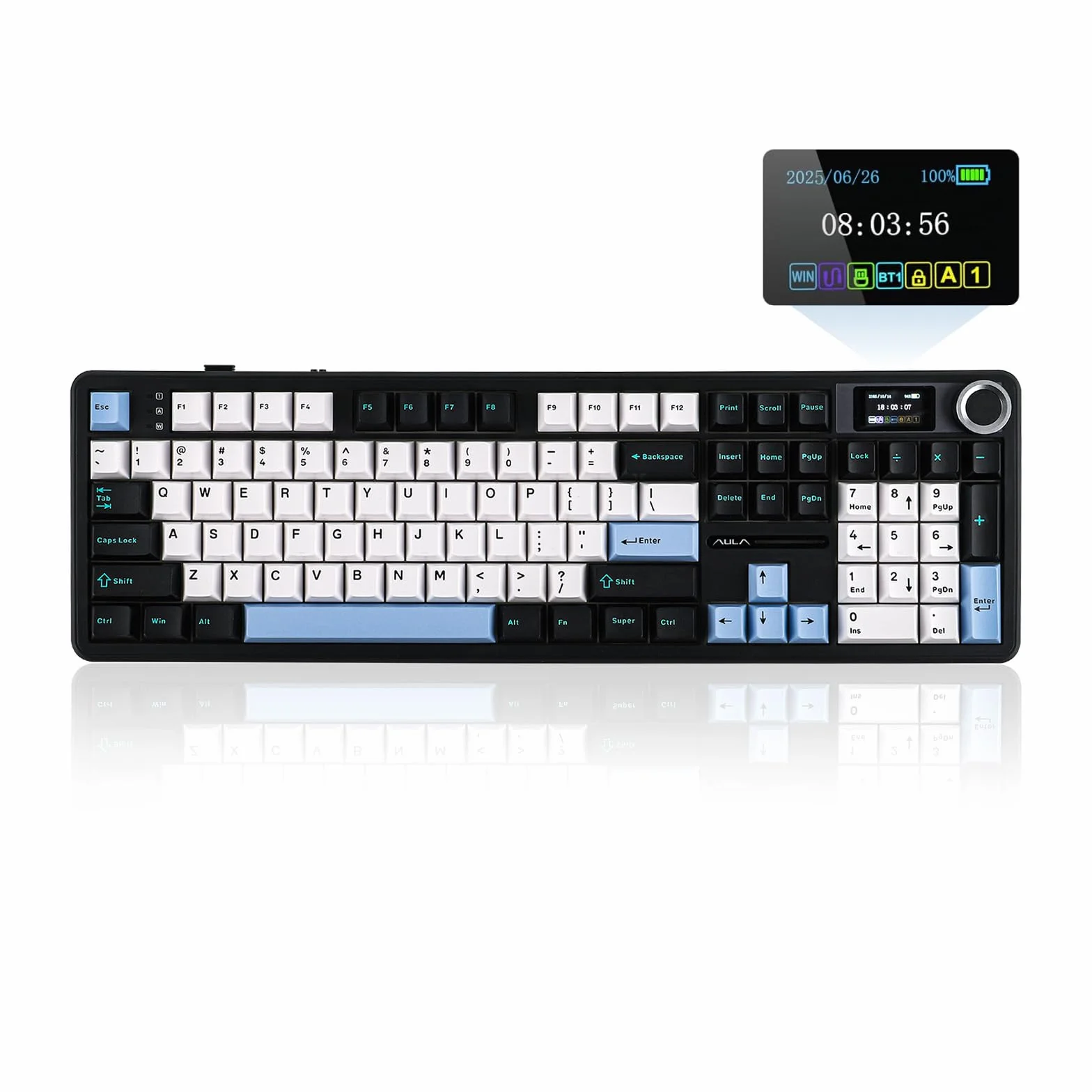 EPOMAKER X AULA F108 PRO Tastiera da Gioco Wireless con Schermo, Batteria da 8000mAh, 104 Tasti e Manopola Sostituibili a Caldo, RGB, per Mac/PC/Android, qwerty (NeroBiancoBlu, Reaper Switch)