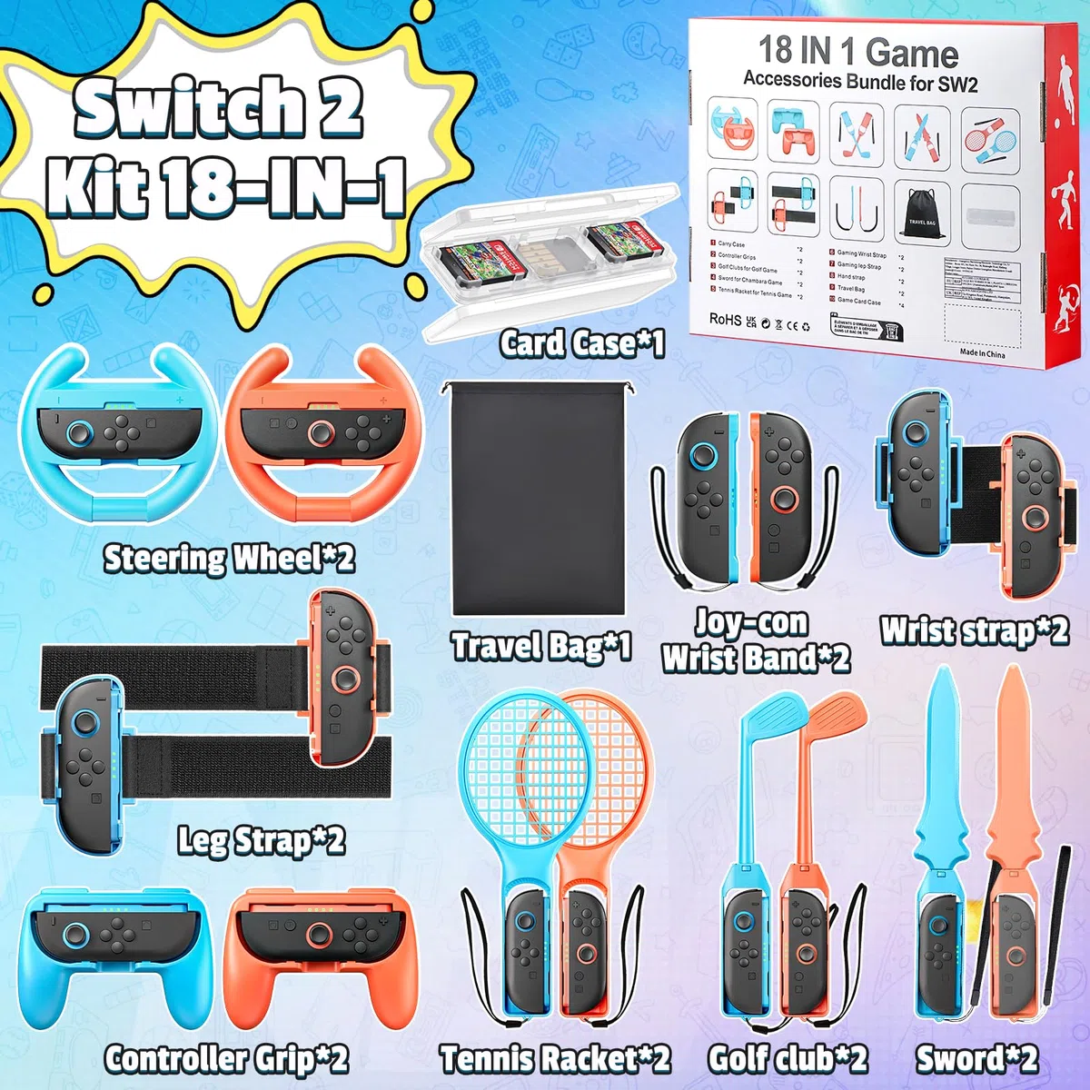Switch 18 in 1 2 accessori sportivi, per Nintendo 2 2025 Switch Games, set di accessori per giochi divertenti per feste in famiglia per bambini/adulti Switch 2 giochi sportivi