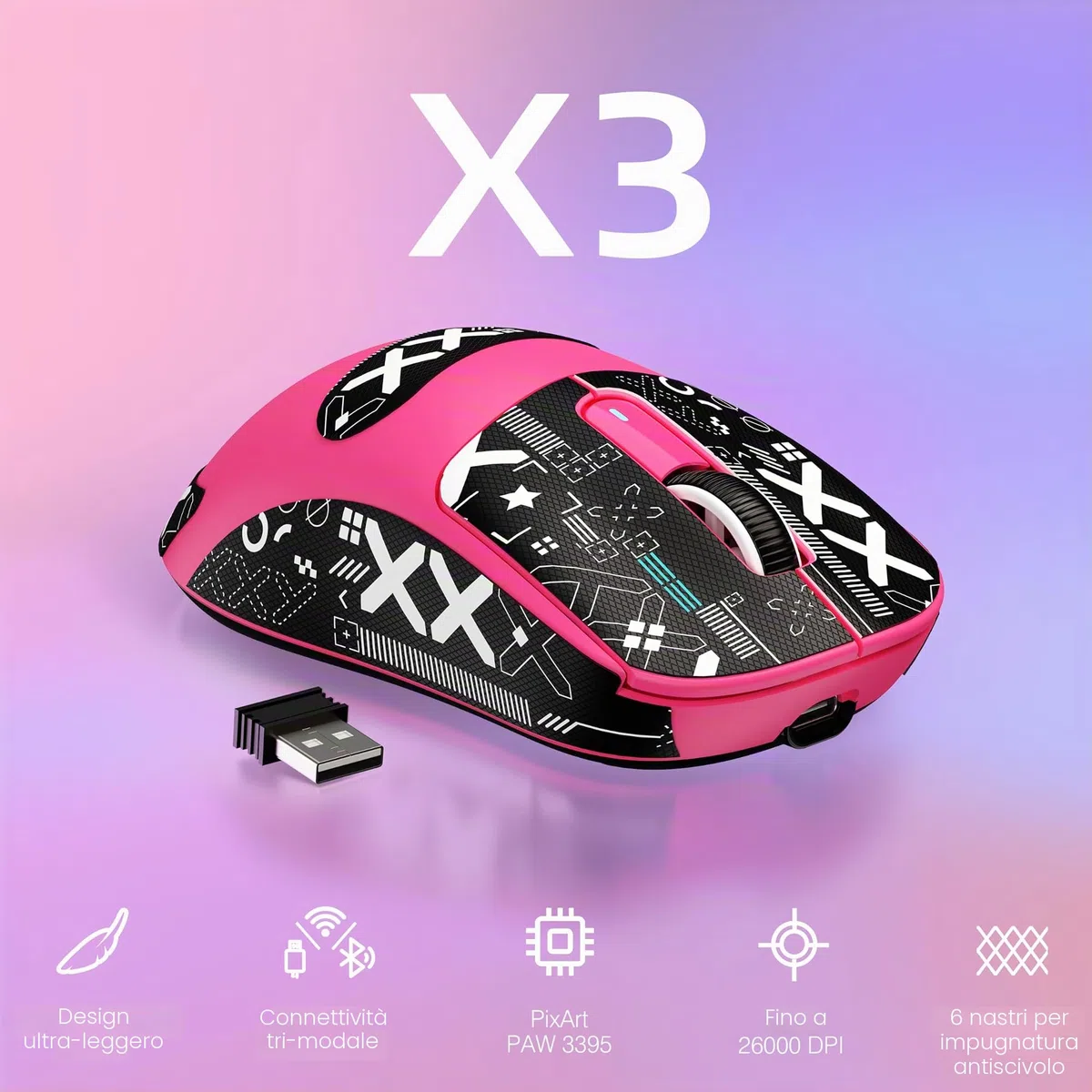VGN GAMEPOWER ATTACK SHARK X3 SUPERLIGHT Mouse Gaming Wireless, 49g Ultraleggero Mouse da Gioco, PixArt PAW3395, 26000DPI, 2.4G/Bluetooth/Cablato, Mouse Grip Tape, Durata Batteria 200Hrs, Bacca Rossa