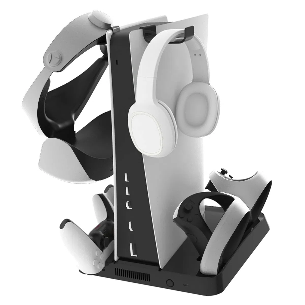 Stazione di raffreddamento verticale della console e supporto di ricarica del controller per PS5/PSVR2 Supporto con 2 ganci per cuffie e auricolari