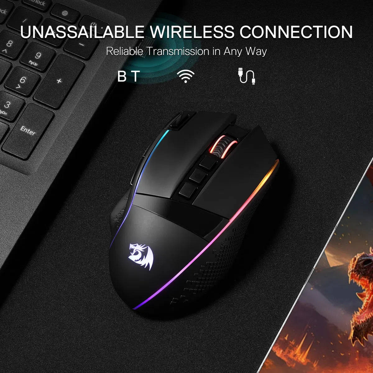 Redragon M991 Mouse Wireless 19000 DPI Fuoco Rapido 9 Tasti | mouse gioco wireless cablato 19000 DPI tasto fuoco rapido 9 pulsanti macro autonomia 45 ore retroilluminazione RGB