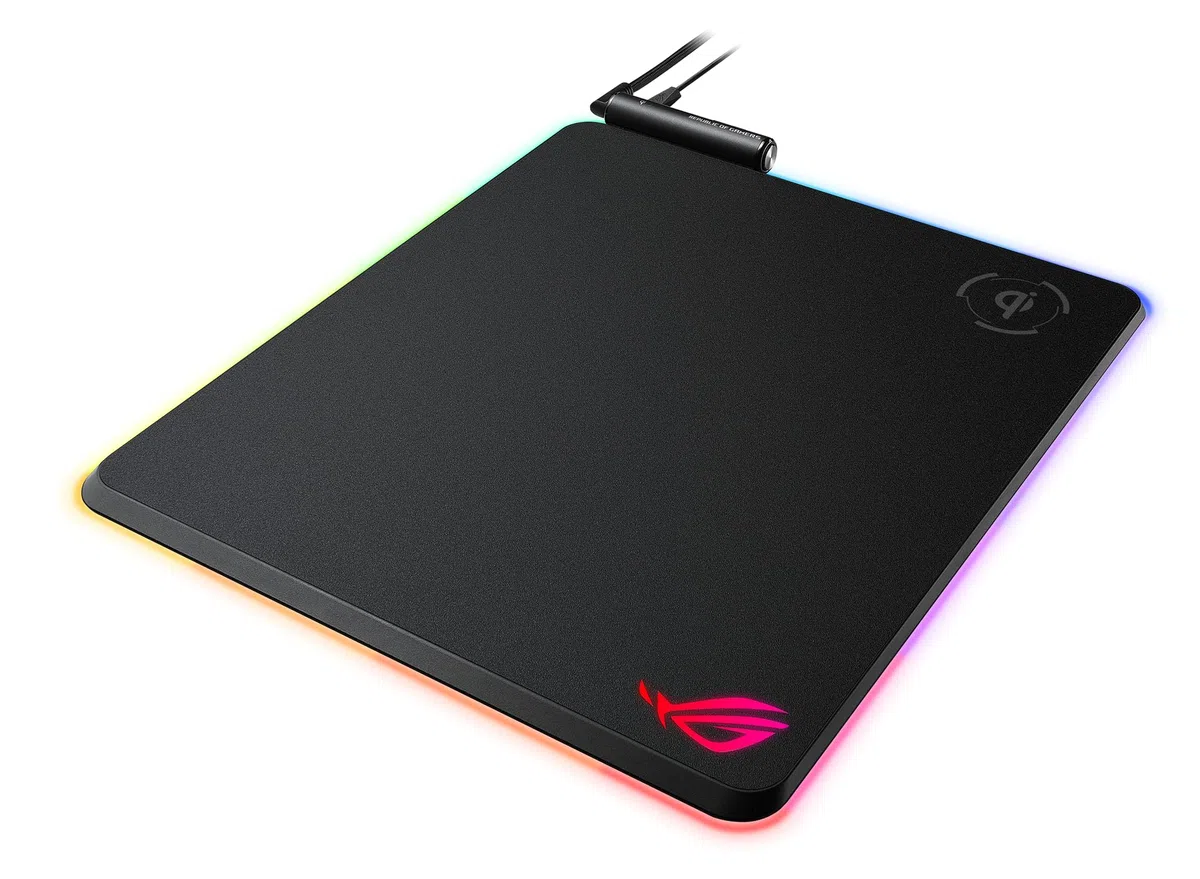 ASUS ROG Balteus Qi, Mousepad Gaming con Ricarica Wireless e Illuminazione RGB Aura Sync a 15 zone, Superficie Rigida Verticale, Passthrough USB e Base Antiscivolo, Nero