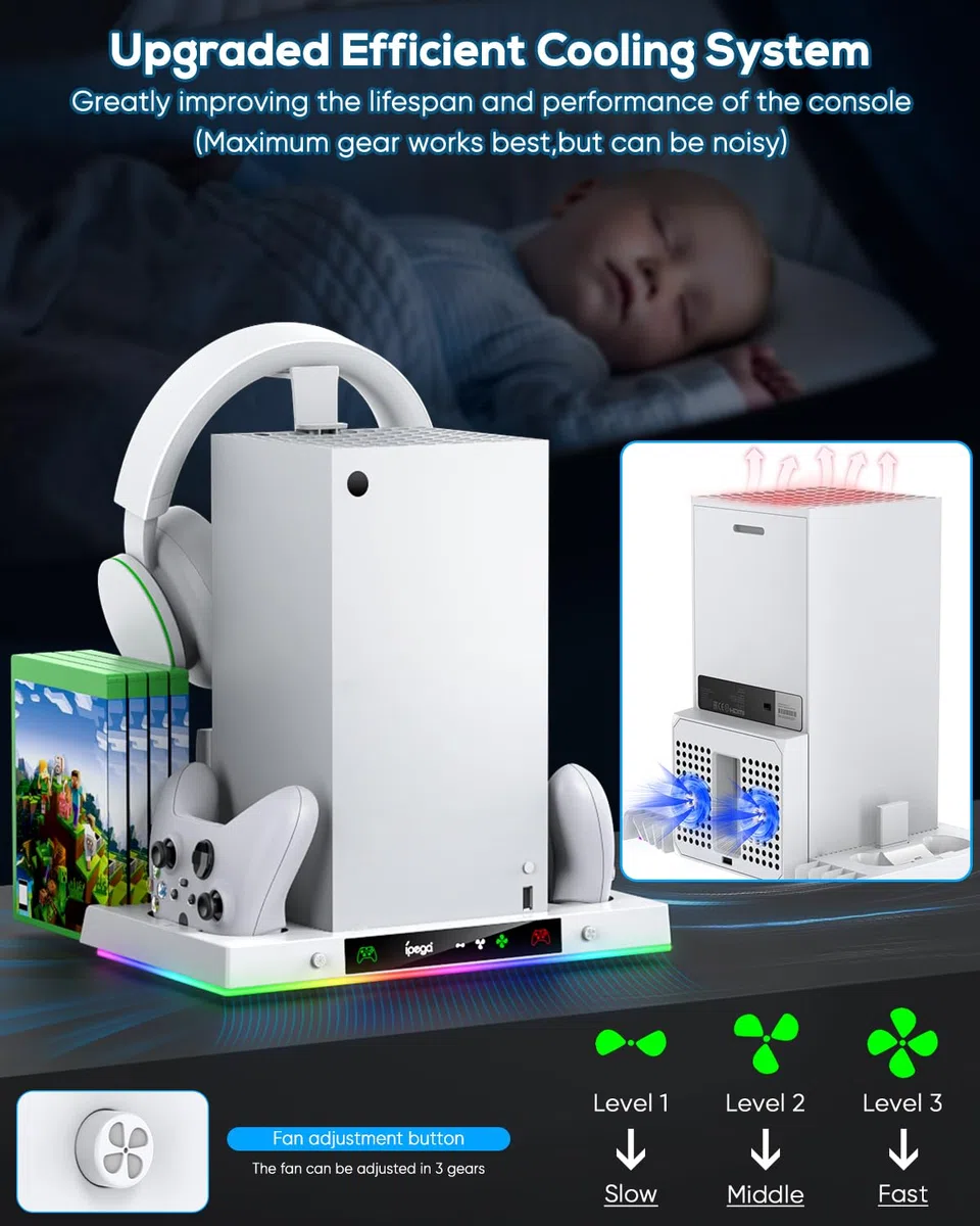 MENEEA Stazione di ricarica per ventola di raffreddamento migliorata per console e driver Xbox Series X, doppia stazione di ricarica e supporto del sistema di raffreddamento con 15 luci colorate per