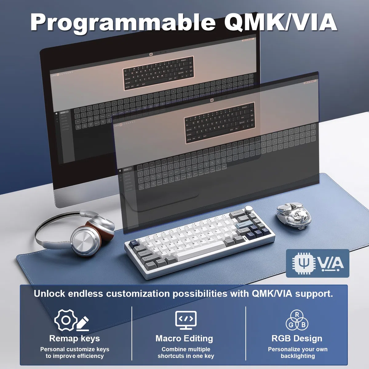 YUNZII AL68 Tastiera Meccanica Wireless 60% in Alluminio QMK/VIA, Sostituibile a Caldo con Manopola, RGB da Gioco per Mac/Windows/Linux (Silver, Cocoa Cream V2)