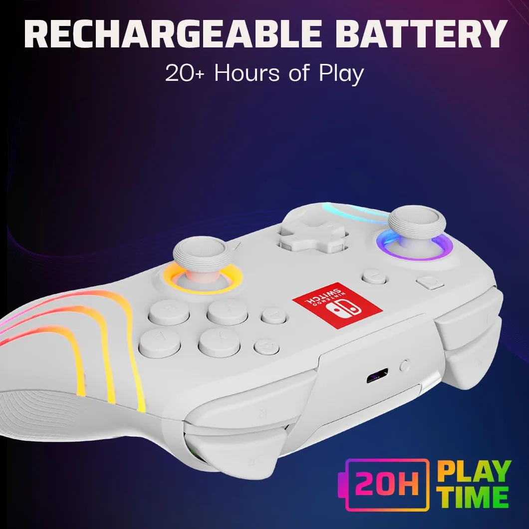 PDP Afterglow Wave Wireless Pro Controller with Full Motion for Nintendo Switch, Nintendo Switch - OLED Model, 8 RGB LED Lighting Zones, 30 Foot Range, 20 Hour Rechargeable Battery White