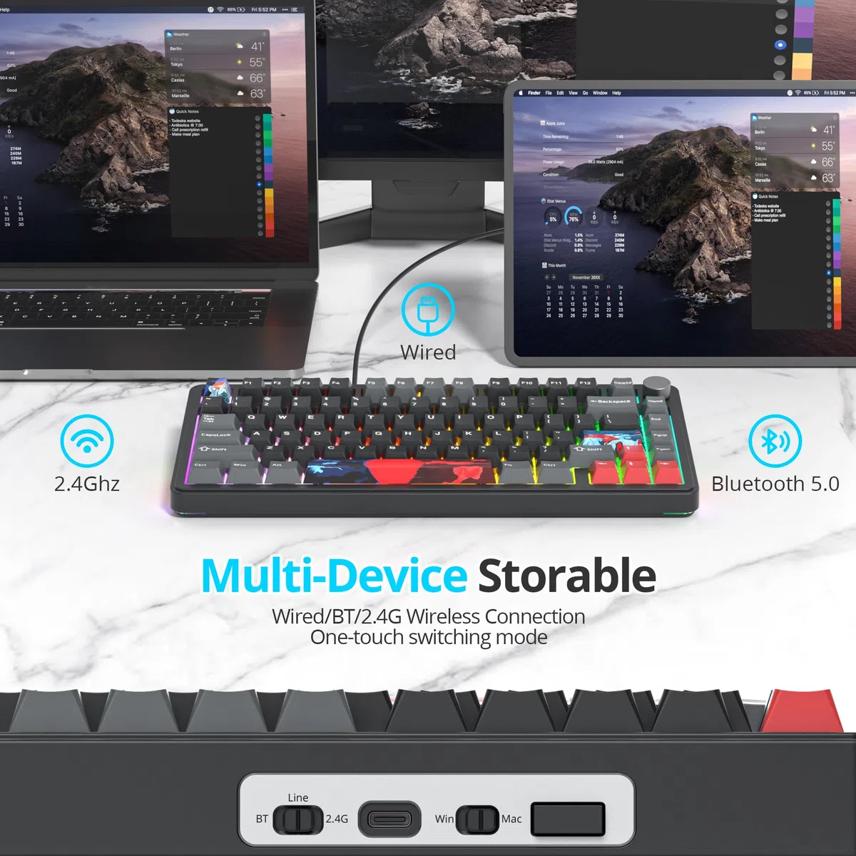 SOLIDEE tastiera gaming meccanica 75 percento con manopola,Bluetooth 5.0/2.4GHz/USB-C tastiera meccanica gasket,tastiera hot swappable South Facing Keycaps,RGB Retroilluminata per Win Mac(Shadow Red)