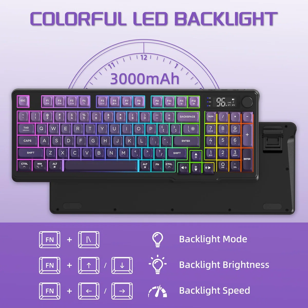FREEWOLF M96 Tastiera Da Gioco Wireless, Controllo Tramite Manopola Bluetooth/Tastiera Meccanica Wireless 2.4G, Retroilluminazione a LED con Schermo, Copritasto PBT, 3000mAh, QWERTY - Sfumatura Viola