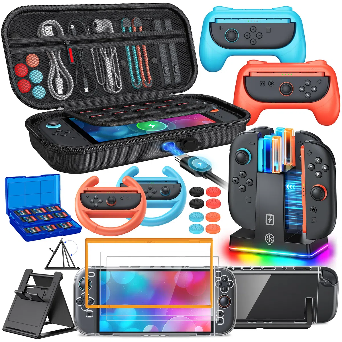 Switch 2 accessori, [carica interna] custodia per console Nintendo Switch 2 2025, kit FYOUNG 23 in 1: custodia da trasporto, caricabatterie controller, guscio protettivo, impugnatura per joycon